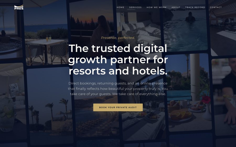 Website for PRES., a marketing agency for hotels and resorts